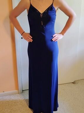 Rimini Midnight Blue Slip Maxi Dress with Beaded Lace Accents